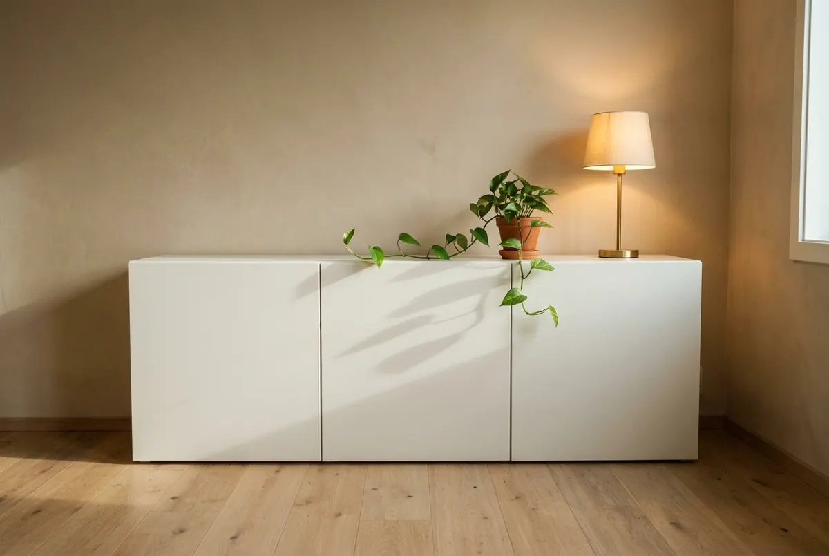 White matte BESTÅ-style sideboard with trailing pothos plant in terracotta pot and lit brass table lamp on top, warm late afternoon light creating leaf shadows across the cabinet surface, light oak floor
